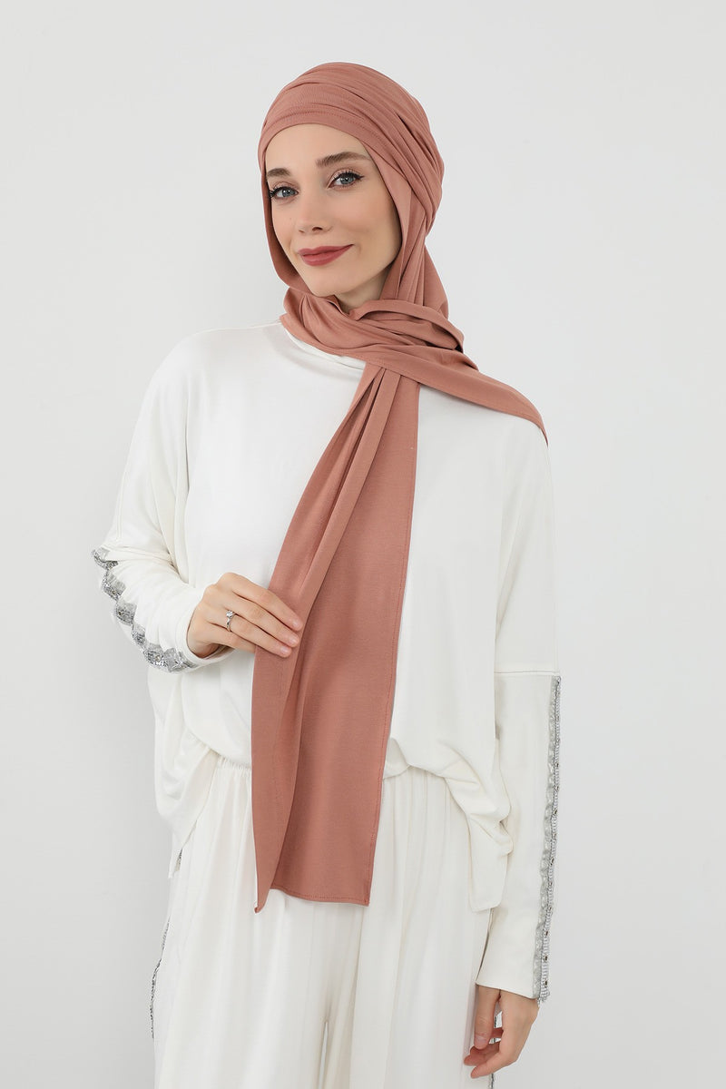 Two-Piece Jersey Hijab Set – Soft Scarf and Matching Undercap, Plain Jersey Hijab & Undercap Set for Everyday Wear,PS-57 Salmon