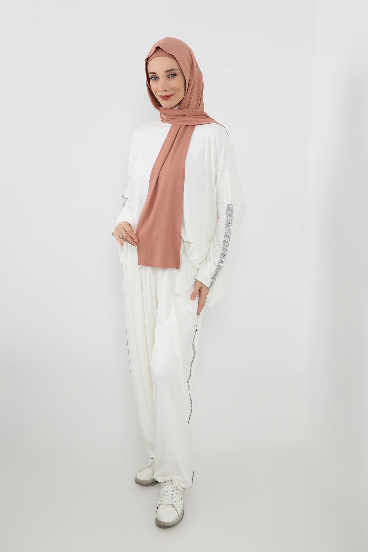 Two-Piece Jersey Hijab Set – Soft Scarf and Matching Undercap, Plain Jersey Hijab & Undercap Set for Everyday Wear,PS-57 Salmon