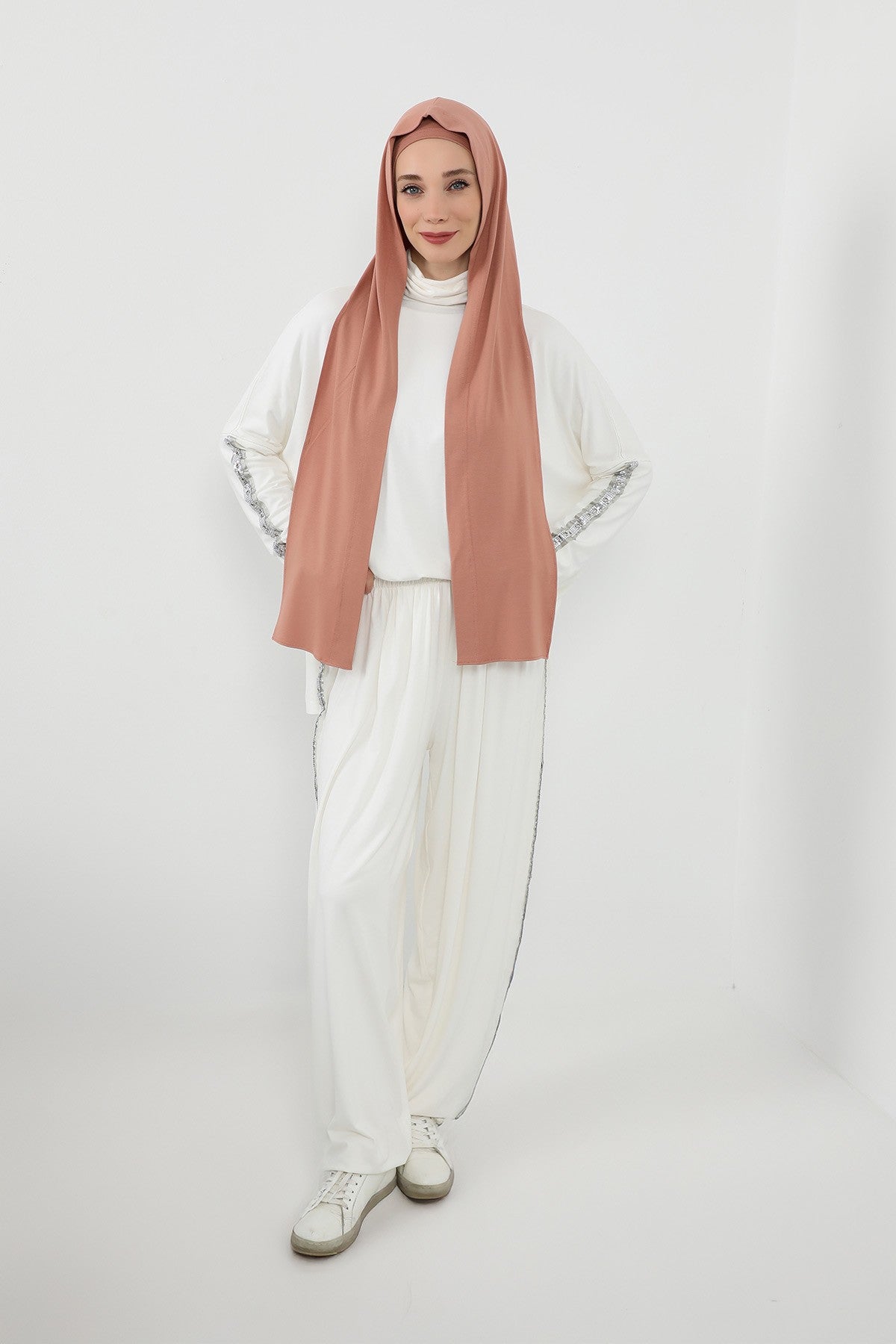 Two-Piece Jersey Hijab Set – Soft Scarf and Matching Undercap, Plain Jersey Hijab & Undercap Set for Everyday Wear,PS-57 Salmon