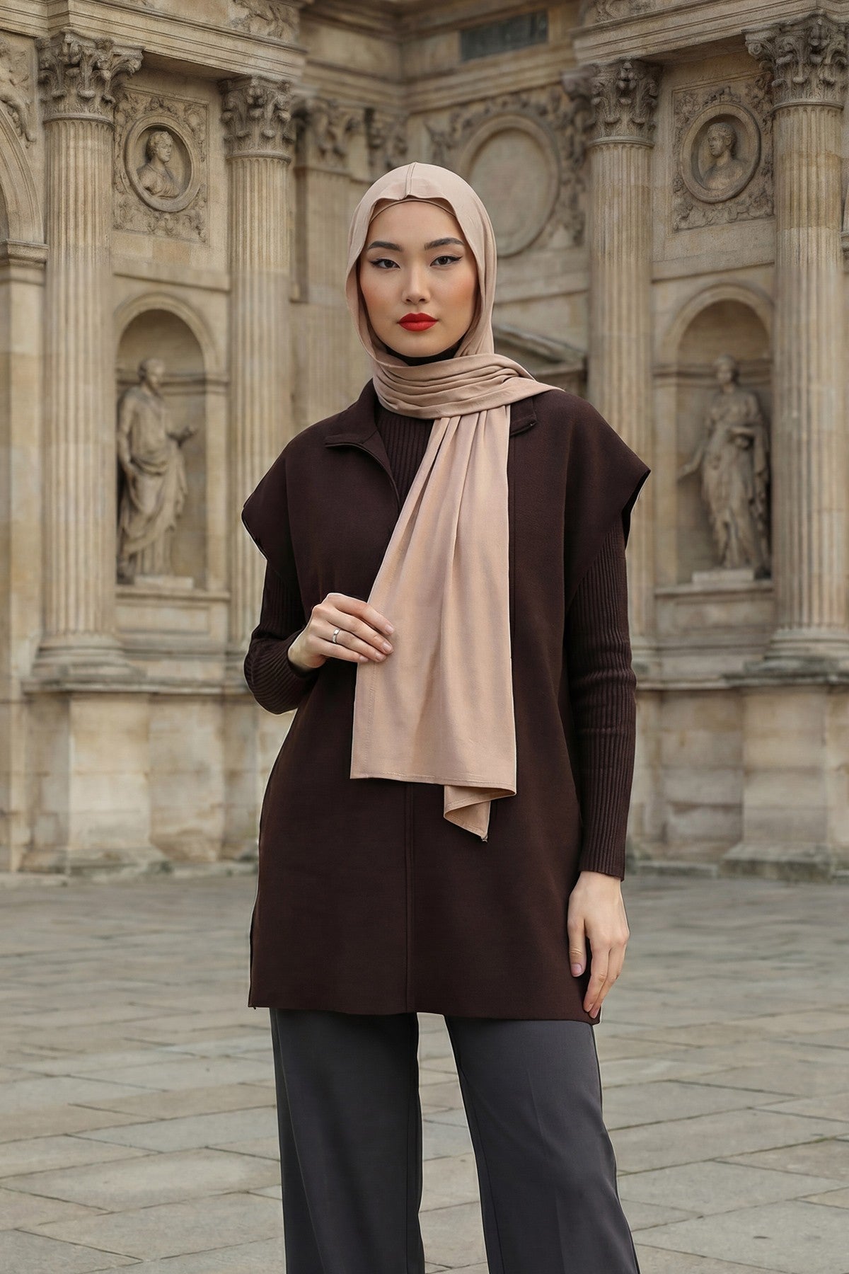 Two-Piece Jersey Hijab Set – Soft Scarf and Matching Undercap, Plain Jersey Hijab & Undercap Set for Everyday Wear,PS-57 Sand Brown