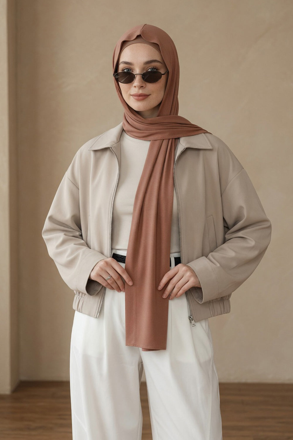 Two-Piece Jersey Hijab Set – Soft Scarf and Matching Undercap, Plain Jersey Hijab & Undercap Set for Everyday Wear,PS-57 Caramel Brown