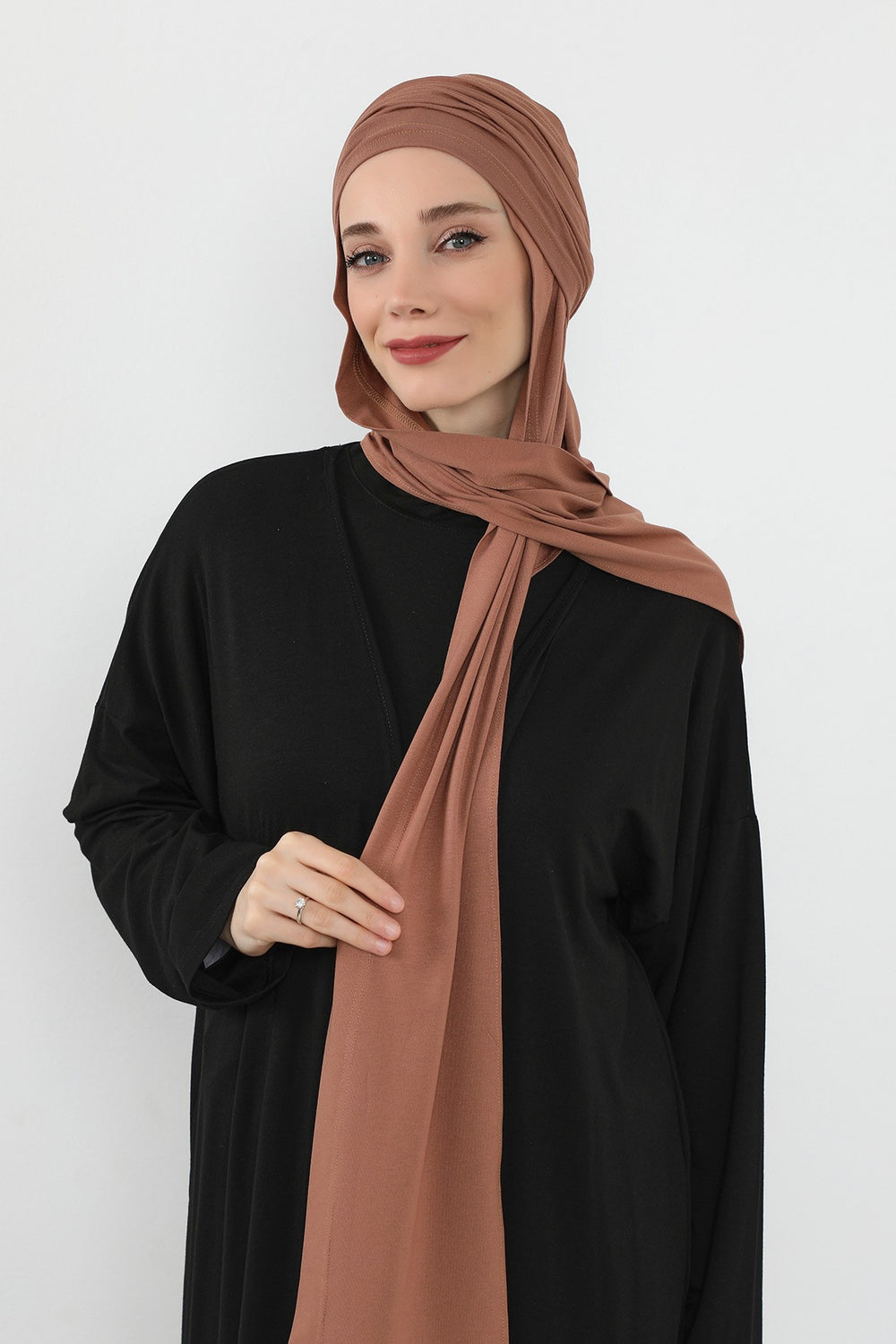 Two-Piece Jersey Hijab Set – Soft Scarf and Matching Undercap, Plain Jersey Hijab & Undercap Set for Everyday Wear,PS-57 Caramel Brown