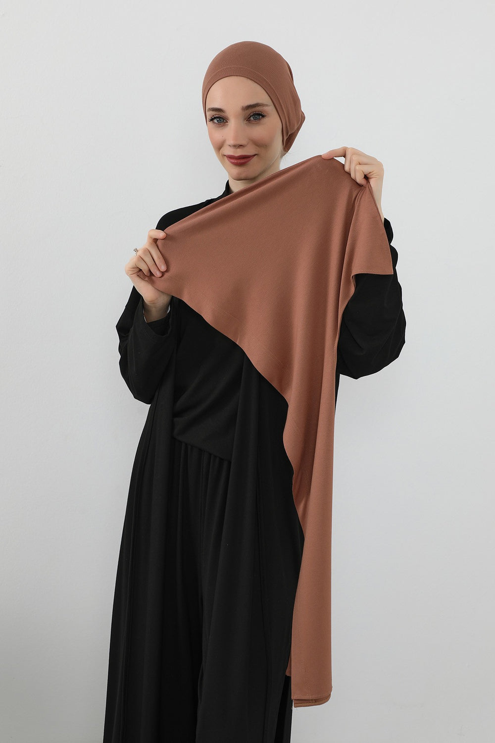 Two-Piece Jersey Hijab Set – Soft Scarf and Matching Undercap, Plain Jersey Hijab & Undercap Set for Everyday Wear,PS-57 Caramel Brown