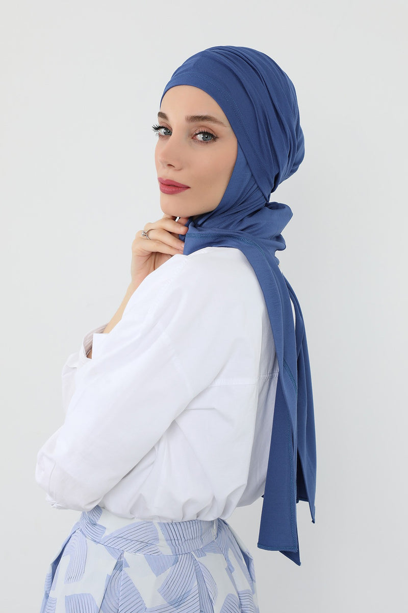 Two-Piece Jersey Hijab Set – Soft Scarf and Matching Undercap, Plain Jersey Hijab & Undercap Set for Everyday Wear,PS-57 İndigo