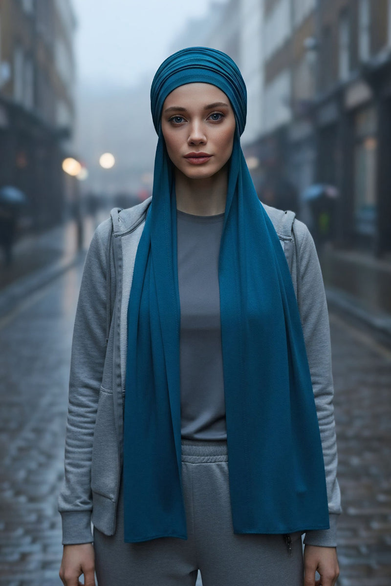Two-Piece Jersey Hijab Set – Soft Scarf and Matching Undercap, Plain Jersey Hijab & Undercap Set for Everyday Wear,PS-57 Petrol Blue