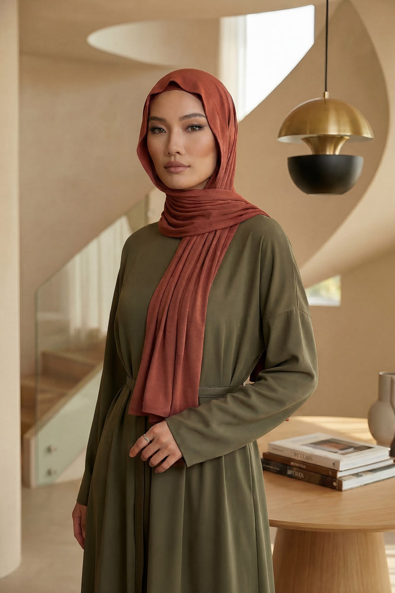 Two-Piece Jersey Hijab Set – Soft Scarf and Matching Undercap, Plain Jersey Hijab & Undercap Set for Everyday Wear,PS-57 Cinnamon