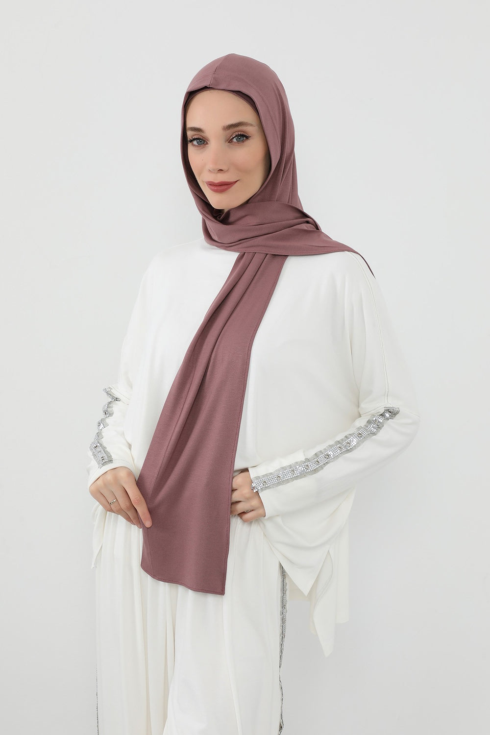 Two-Piece Jersey Hijab Set – Soft Scarf and Matching Undercap, Plain Jersey Hijab & Undercap Set for Everyday Wear,PS-57 Dusty Rose