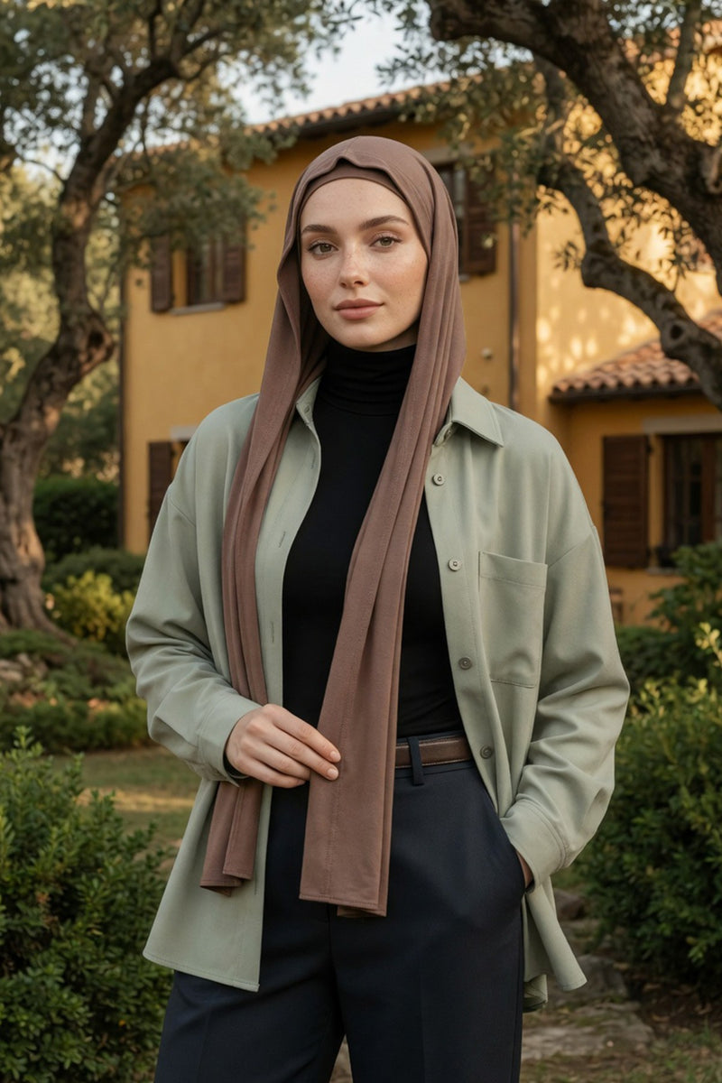 Two-Piece Jersey Hijab Set – Soft Scarf and Matching Undercap, Plain Jersey Hijab & Undercap Set for Everyday Wear,PS-57 Chocolate