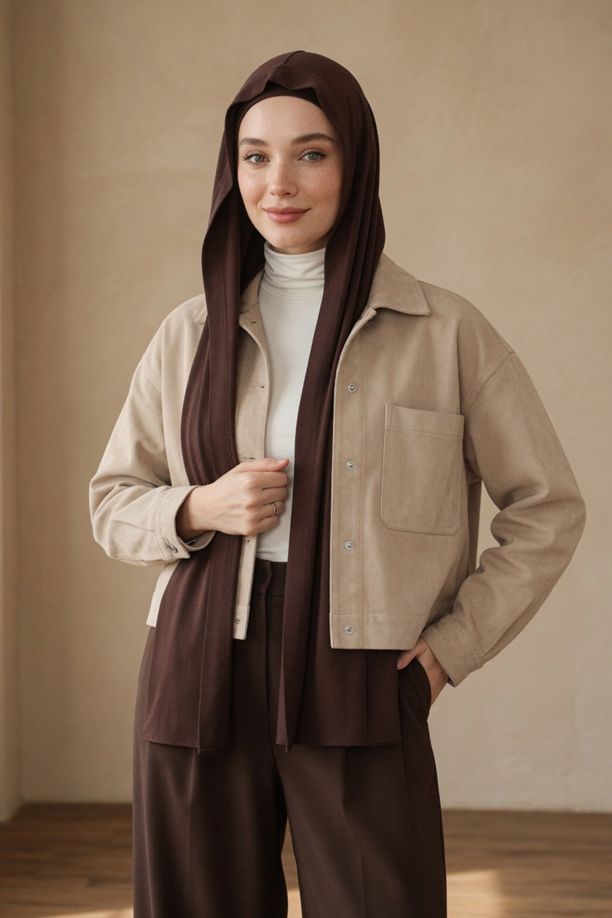 Two-Piece Jersey Hijab Set – Soft Scarf and Matching Undercap, Plain Jersey Hijab & Undercap Set for Everyday Wear,PS-57 Brown