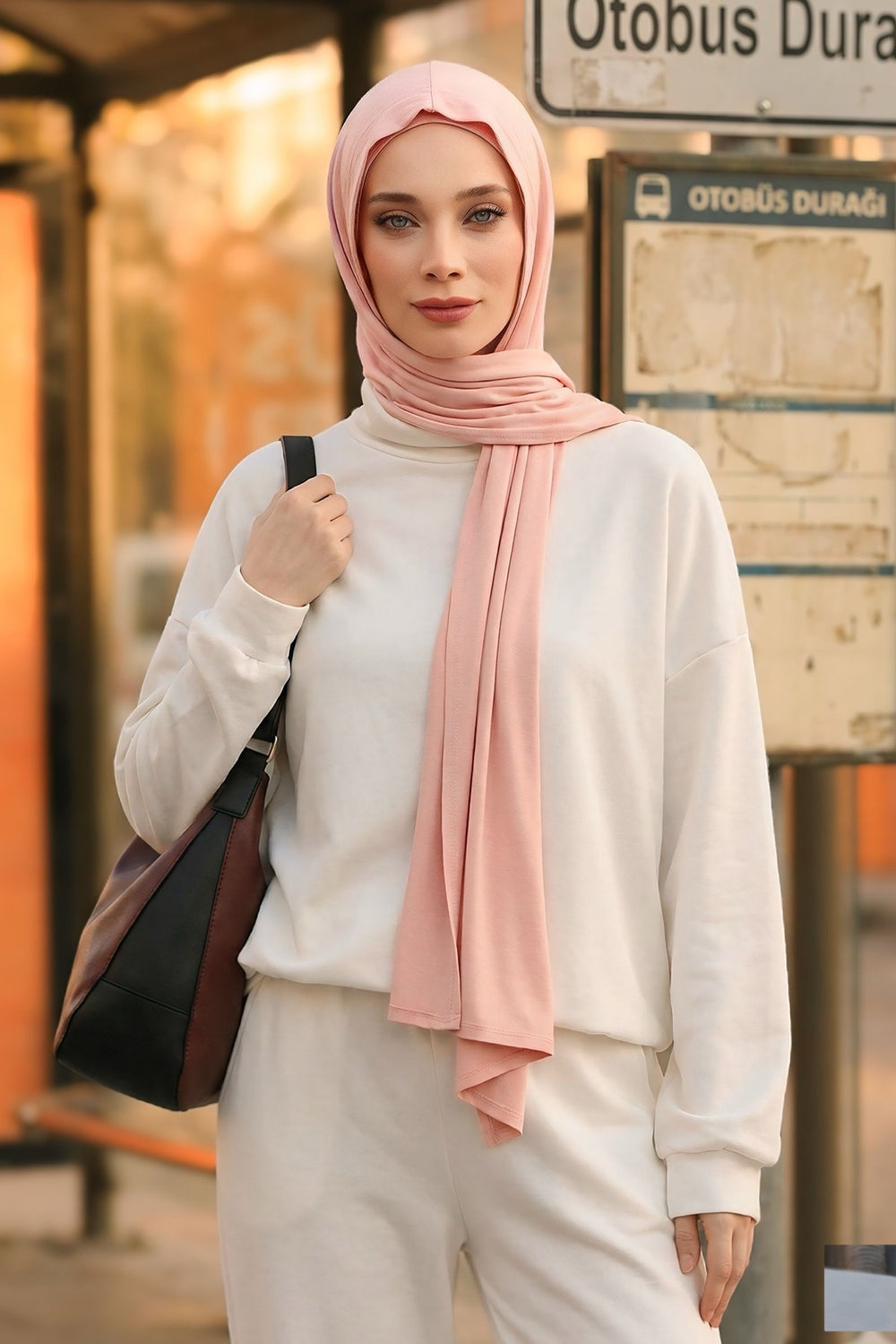 Two-Piece Jersey Hijab Set – Soft Scarf and Matching Undercap, Plain Jersey Hijab & Undercap Set for Everyday Wear,PS-57 Powder