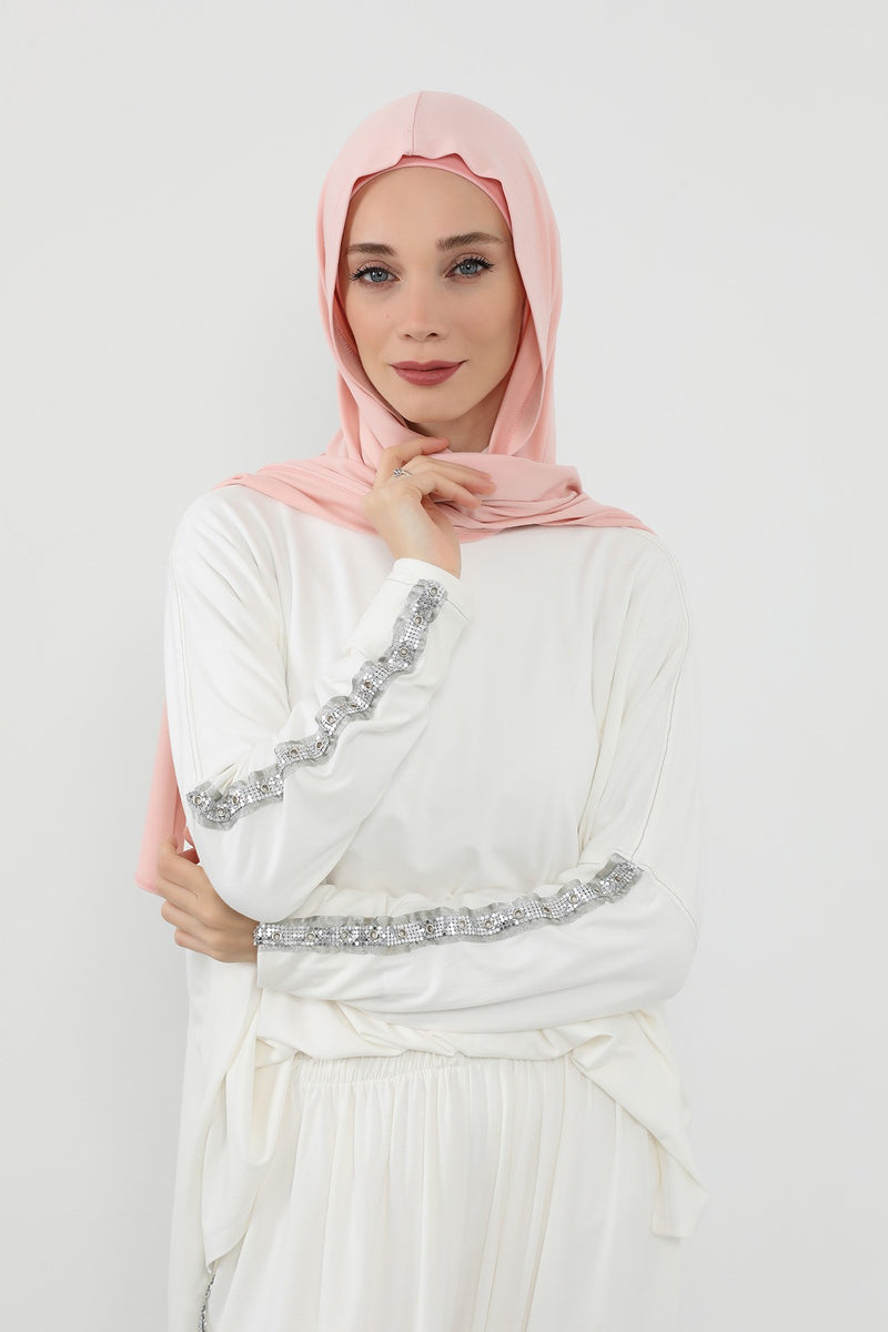 Two-Piece Jersey Hijab Set – Soft Scarf and Matching Undercap, Plain Jersey Hijab & Undercap Set for Everyday Wear,PS-57 Powder