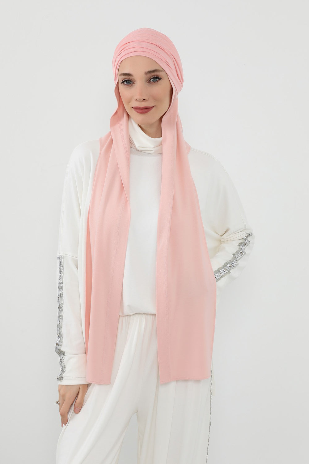 Two-Piece Jersey Hijab Set – Soft Scarf and Matching Undercap, Plain Jersey Hijab & Undercap Set for Everyday Wear,PS-57 Powder