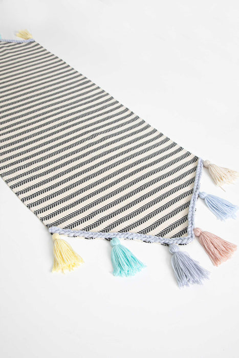 Unique Design Striped Cotton Table Runner with Big Multicolor Tassels 16 x 47 inches (40 x 140 cm) Machine Washable Table Cloth for Home Kitchen Decorations Parties, BBQ's, Everyday, Holidays,R-54O