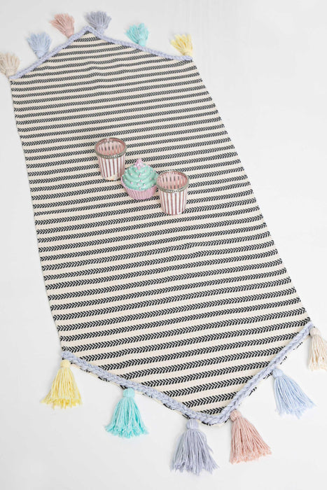 Unique Design Striped Cotton Table Runner with Big Multicolor Tassels 16 x 47 inches (40 x 140 cm) Machine Washable Table Cloth for Home Kitchen Decorations Parties, BBQ's, Everyday, Holidays,R-54O