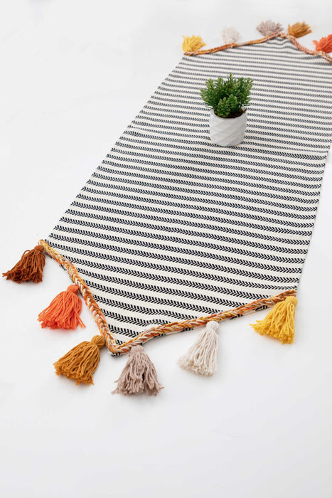 Tischläufer aus Baumwolle mit einzigartigem Design und großen, mehrfarbigen Quasten, 40 x 140 cm, maschinenwaschbar, für Dekorationen zu Hause, in der Küche, für Partys, Grillabende, den Alltag und Feiertage, R-54O