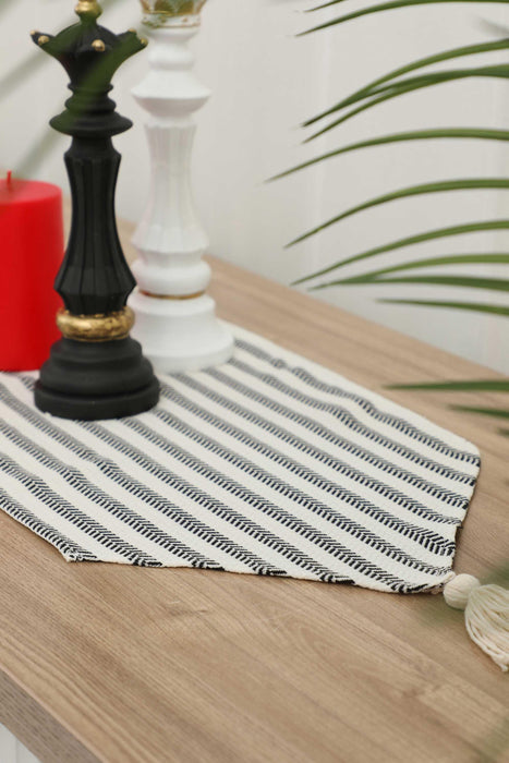 Unique Design Striped Cotton Table Runner with Tassels 12 x 36 inches (30 x 90 cm) Machine Washable Table Cloth for Home Kitchen Decorations Parties, BBQ's, Everyday, Holidays,R-57K