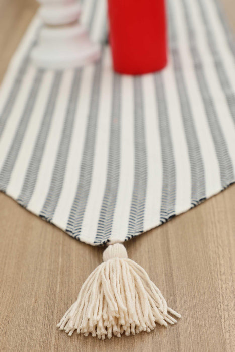 Unique Design Striped Cotton Table Runner with Tassels 12 x 36 inches (30 x 90 cm) Machine Washable Table Cloth for Home Kitchen Decorations Parties, BBQ's, Everyday, Holidays,R-57K