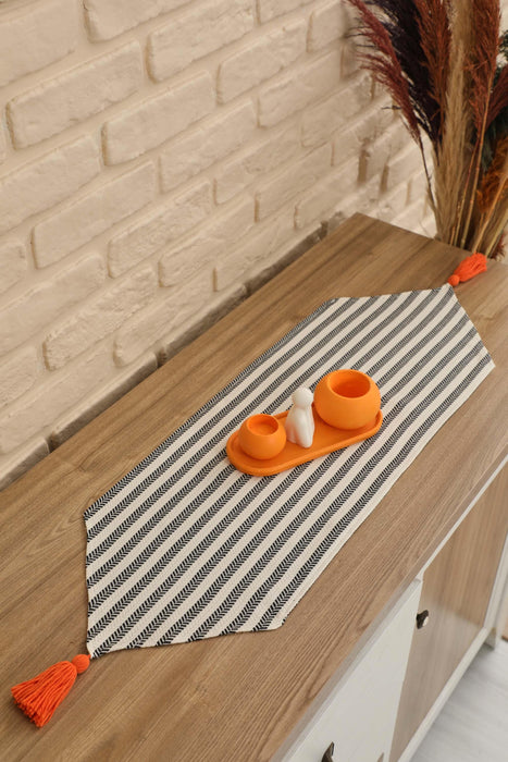 Unique Design Striped Cotton Table Runner with Tassels 12 x 36 inches (30 x 90 cm) Machine Washable Table Cloth for Home Kitchen Decorations Parties, BBQ's, Everyday, Holidays,R-57K