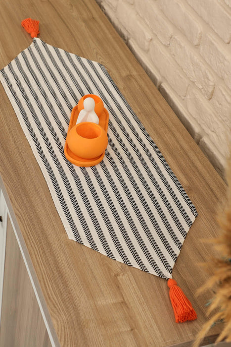 Unique Design Striped Cotton Table Runner with Tassels 12 x 36 inches (30 x 90 cm) Machine Washable Table Cloth for Home Kitchen Decorations Parties, BBQ's, Everyday, Holidays,R-57K