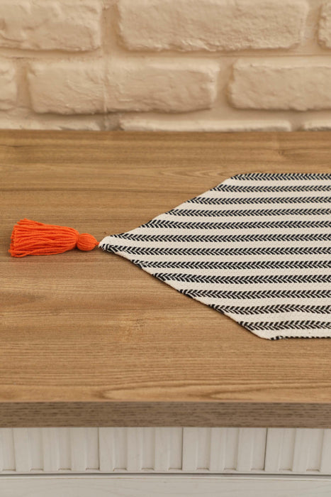 Unique Design Striped Cotton Table Runner with Tassels 12 x 36 inches (30 x 90 cm) Machine Washable Table Cloth for Home Kitchen Decorations Parties, BBQ's, Everyday, Holidays,R-57K