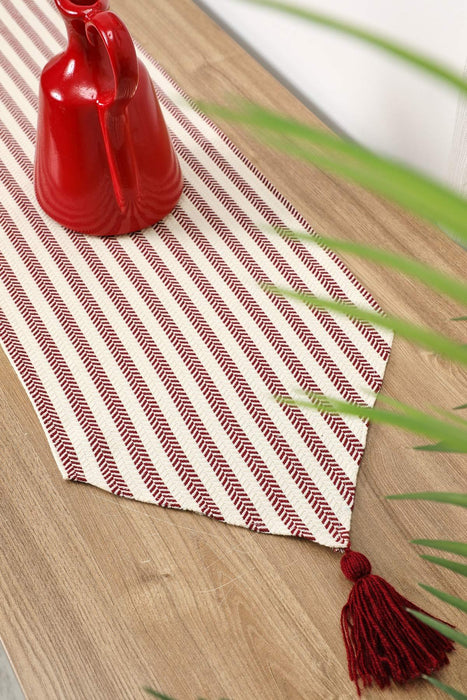 Unique Design Striped Cotton Table Runner with Tassels 12 x 36 inches (30 x 90 cm) Machine Washable Table Cloth for Home Kitchen Decorations Parties, BBQ's, Everyday, Holidays,R-57K