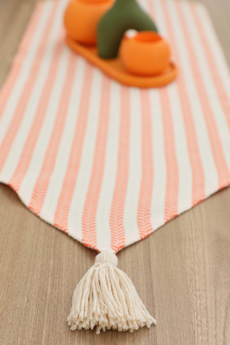 Unique Design Striped Cotton Table Runner with Tassels 12 x 36 inches (30 x 90 cm) Machine Washable Table Cloth for Home Kitchen Decorations Parties, BBQ's, Everyday, Holidays,R-57K