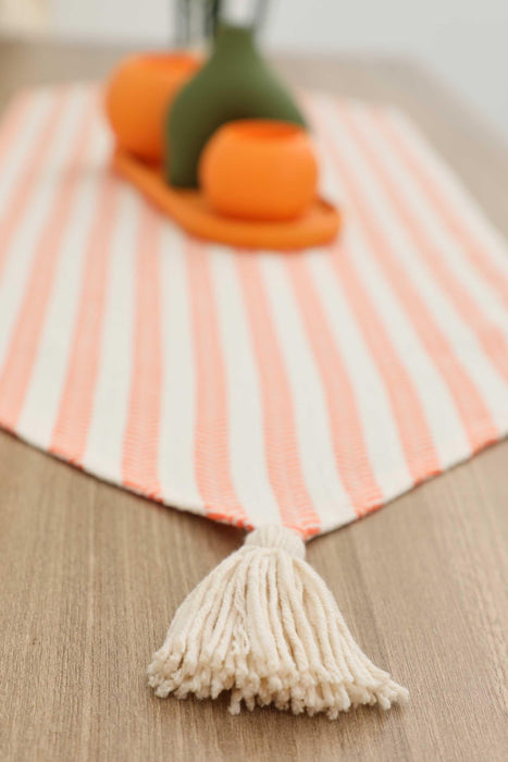 Unique Design Striped Cotton Table Runner with Tassels 12 x 36 inches (30 x 90 cm) Machine Washable Table Cloth for Home Kitchen Decorations Parties, BBQ's, Everyday, Holidays,R-57K