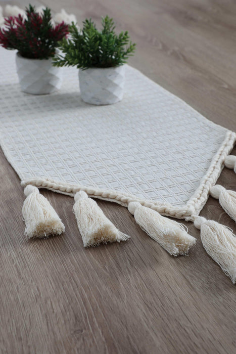 Upholstery Fabric Cotton Table Runner with Handmade Big Tassels 12x36 inches (30x90 cm) Machine Washable Fringed Handicraft Table Cloth for Home Kitchen Decorations Wedding, Parties, BBQ's, Everyday,R-50K