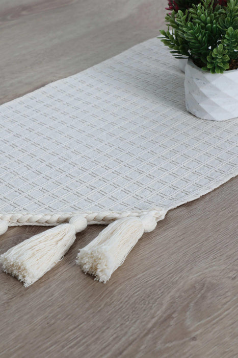 Knit Fabric Cotton Table Runner with Handmade Big Tassels 12x36 inches Machine Washable Fringed Handicraft Table Cloth,R-50K