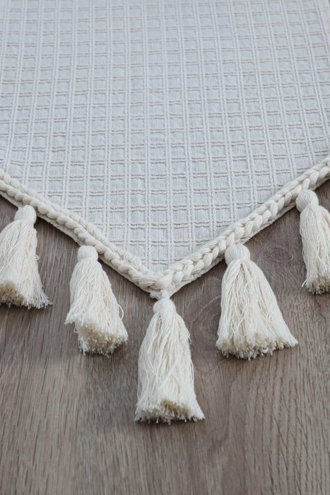 Knit Fabric Cotton Table Runner with Handmade Big Tassels 16 x 55 inches Machine Washable Fringed Handicraft Table Cloth,R-50B