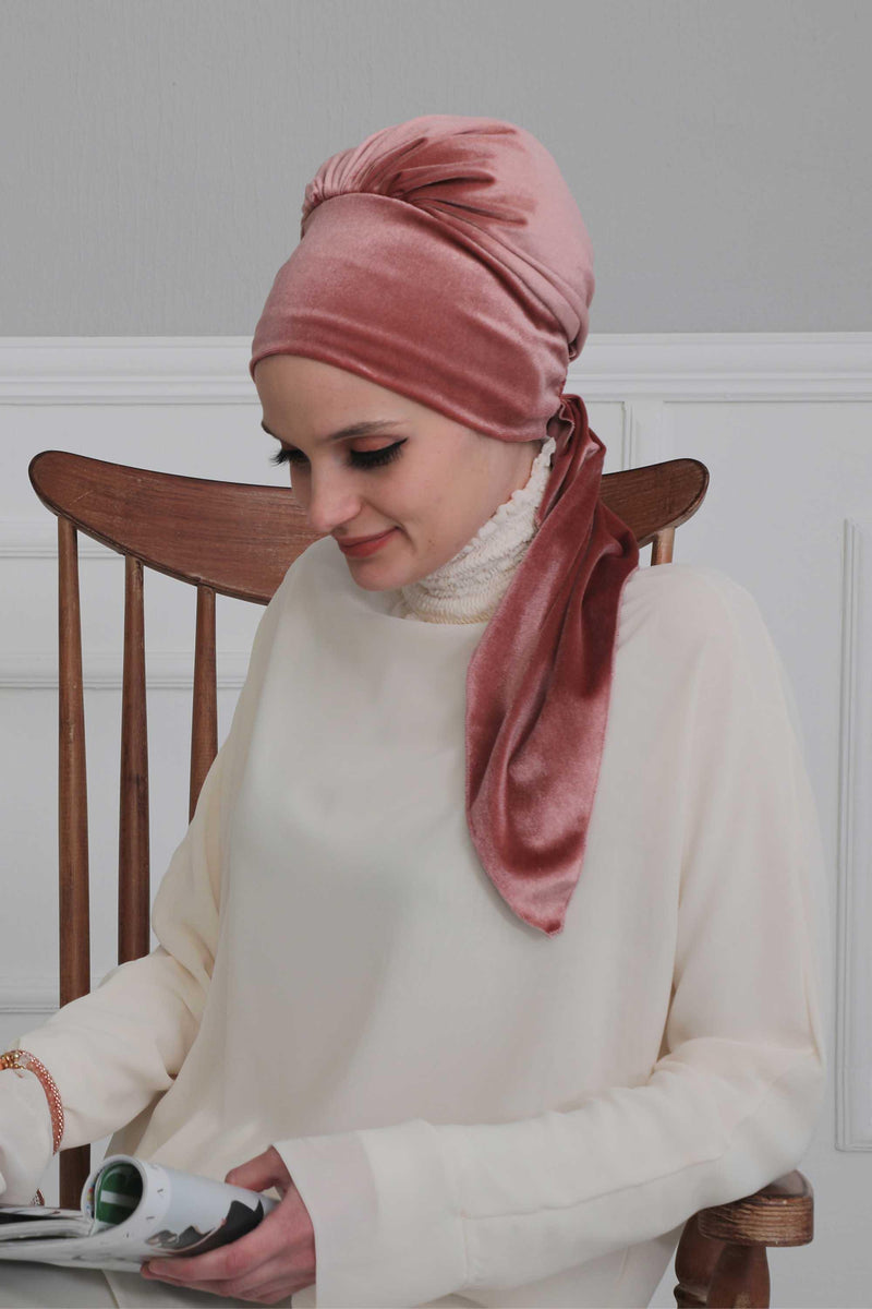 Velvet Easy Wrap Instant Turban for Women, Pre-Tied Turban with Long Tail at the Back Side, Super Soft High Quality Chemo Headwear,B-49K Dusty Rose