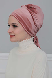 Velvet Easy Wrap Instant Turban for Women, Pre-Tied Turban with Long Tail at the Back Side, Super Soft High Quality Chemo Headwear,B-49K Dusty Rose
