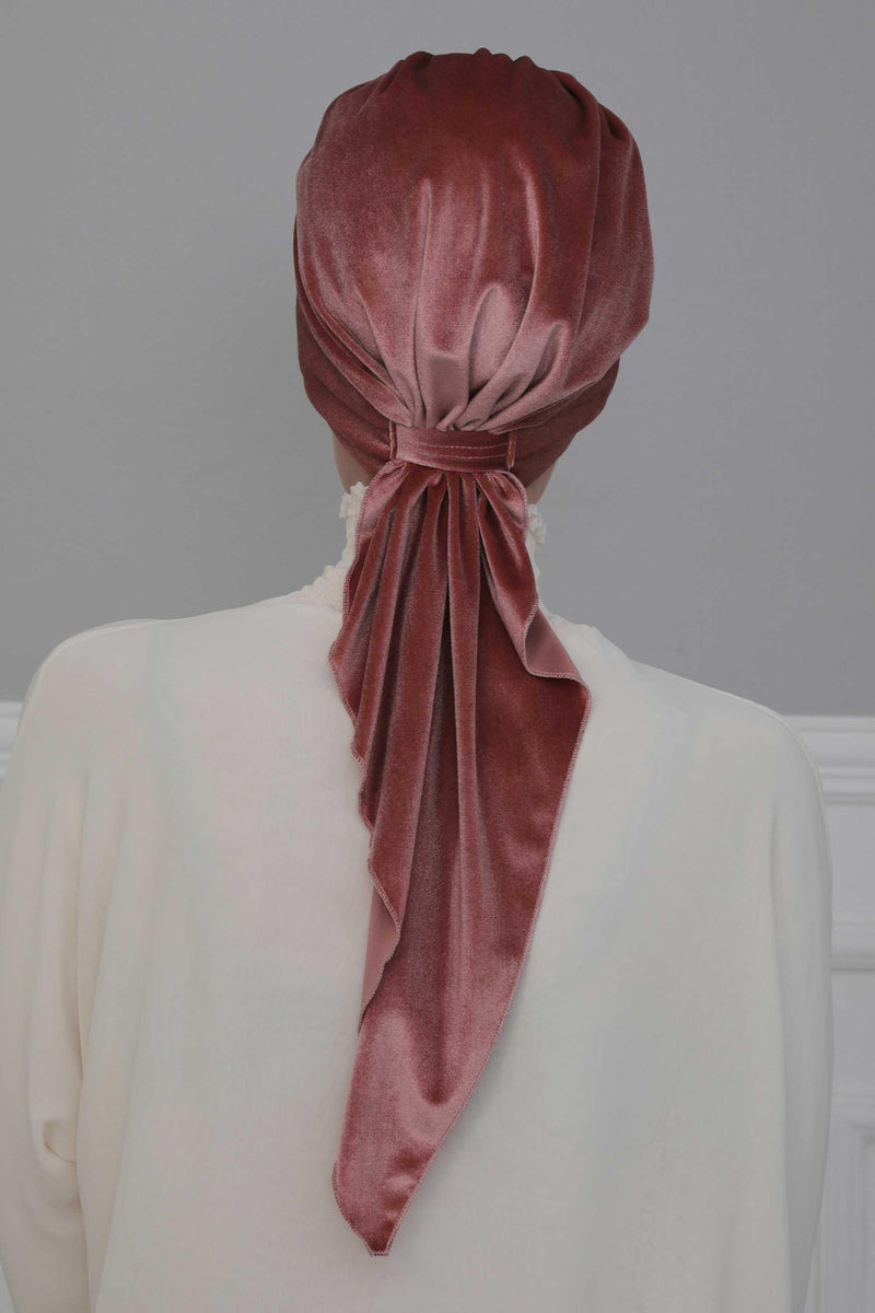 Velvet Easy Wrap Instant Turban for Women, Pre-Tied Turban with Long Tail at the Back Side, Super Soft High Quality Chemo Headwear,B-49K Dusty Rose