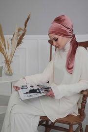 Velvet Easy Wrap Instant Turban for Women, Pre-Tied Turban with Long Tail at the Back Side, Super Soft High Quality Chemo Headwear,B-49K Dusty Rose