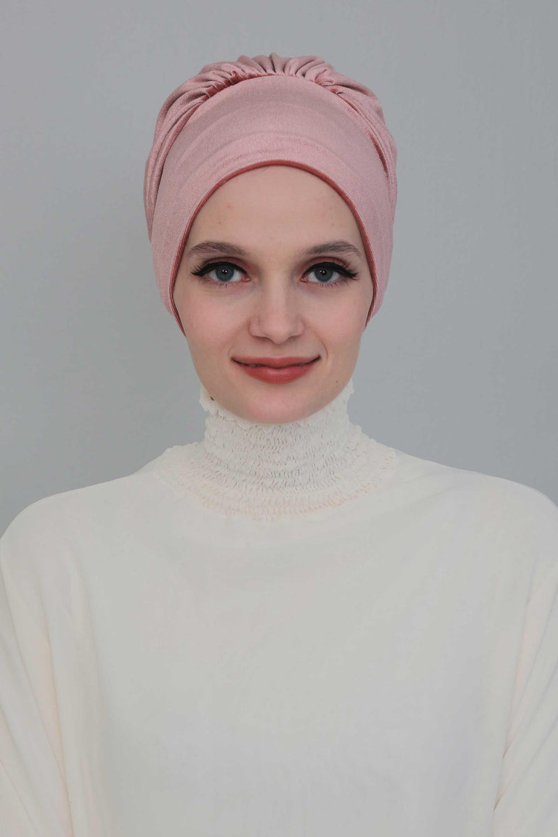 Velvet Easy Wrap Instant Turban for Women, Pre-Tied Turban with Long Tail at the Back Side, Super Soft High Quality Chemo Headwear,B-49K Dusty Rose