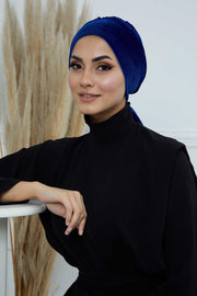 Velvet Easy Wrap Instant Turban for Women, Pre-Tied Turban with Long Tail at the Back Side, Super Soft High Quality Chemo Headwear,B-49K Sax Blue