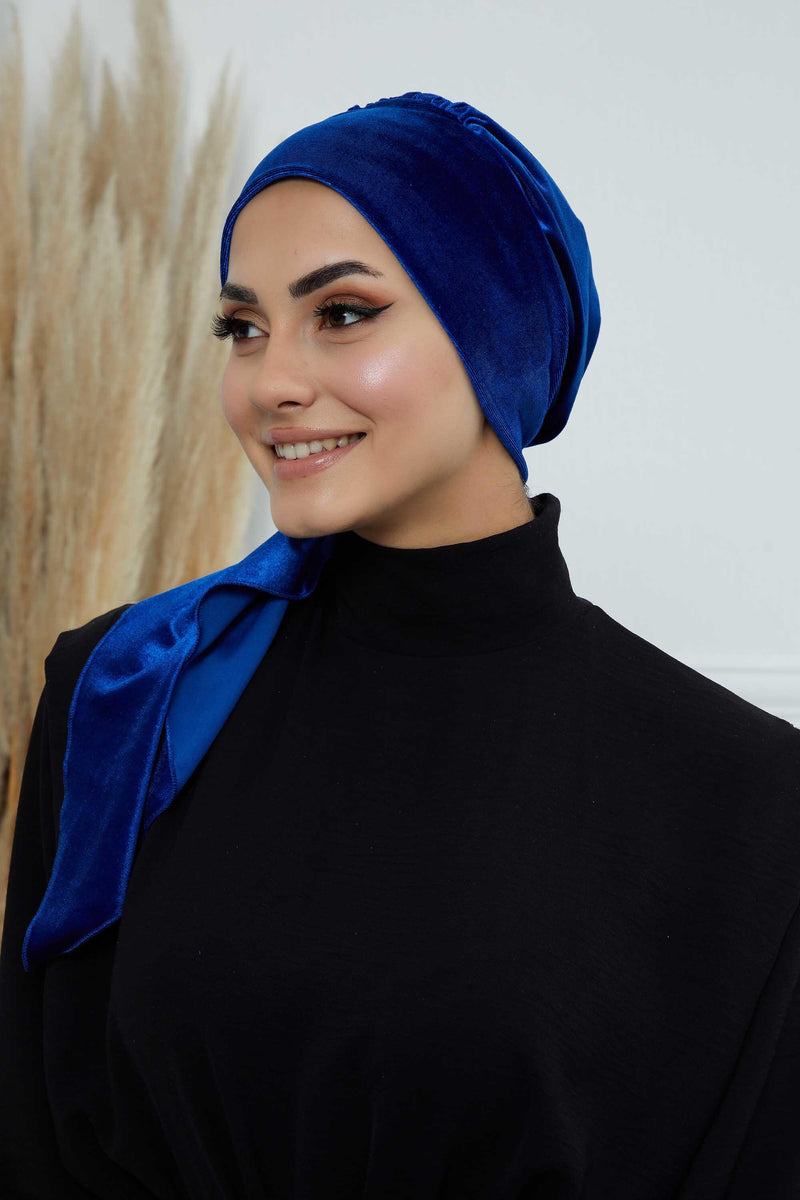 Velvet Easy Wrap Instant Turban for Women, Pre-Tied Turban with Long Tail at the Back Side, Super Soft High Quality Chemo Headwear,B-49K Sax Blue
