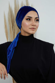 Velvet Easy Wrap Instant Turban for Women, Pre-Tied Turban with Long Tail at the Back Side, Super Soft High Quality Chemo Headwear,B-49K Sax Blue