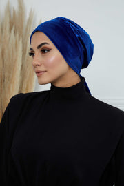 Velvet Easy Wrap Instant Turban for Women, Pre-Tied Turban with Long Tail at the Back Side, Super Soft High Quality Chemo Headwear,B-49K Sax Blue