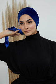 Velvet Easy Wrap Instant Turban for Women, Pre-Tied Turban with Long Tail at the Back Side, Super Soft High Quality Chemo Headwear,B-49K Sax Blue
