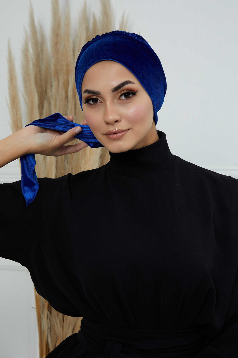 Velvet Easy Wrap Instant Turban for Women, Pre-Tied Turban with Long Tail at the Back Side, Super Soft High Quality Chemo Headwear,B-49K Sax Blue