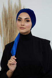 Velvet Easy Wrap Instant Turban for Women, Pre-Tied Turban with Long Tail at the Back Side, Super Soft High Quality Chemo Headwear,B-49K Sax Blue
