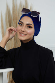 Velvet Easy Wrap Instant Turban for Women, Pre-Tied Turban with Long Tail at the Back Side, Super Soft High Quality Chemo Headwear,B-49K Sax Blue