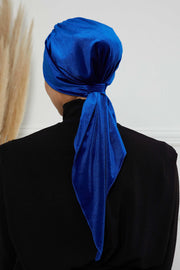 Velvet Easy Wrap Instant Turban for Women, Pre-Tied Turban with Long Tail at the Back Side, Super Soft High Quality Chemo Headwear,B-49K Sax Blue