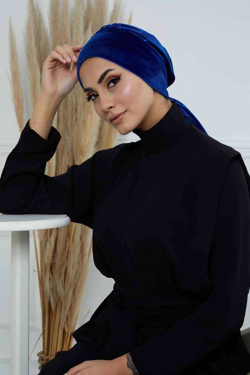 Velvet Easy Wrap Instant Turban for Women, Pre-Tied Turban with Long Tail at the Back Side, Super Soft High Quality Chemo Headwear,B-49K Sax Blue