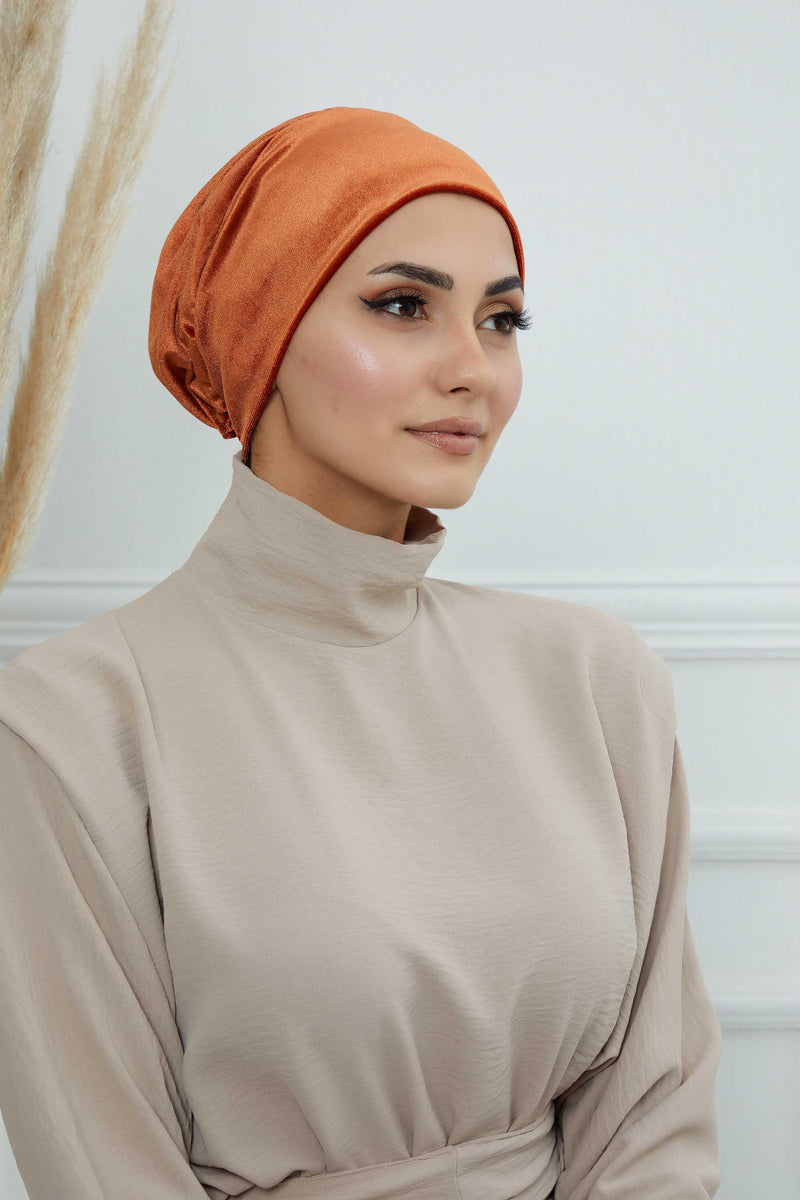 Velvet Easy Wrap Instant Turban for Women, Pre-Tied Turban with Long Tail at the Back Side, Super Soft High Quality Chemo Headwear,B-49K Tile Red