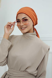 Velvet Easy Wrap Instant Turban for Women, Pre-Tied Turban with Long Tail at the Back Side, Super Soft High Quality Chemo Headwear,B-49K Tile Red