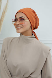 Velvet Easy Wrap Instant Turban for Women, Pre-Tied Turban with Long Tail at the Back Side, Super Soft High Quality Chemo Headwear,B-49K Tile Red