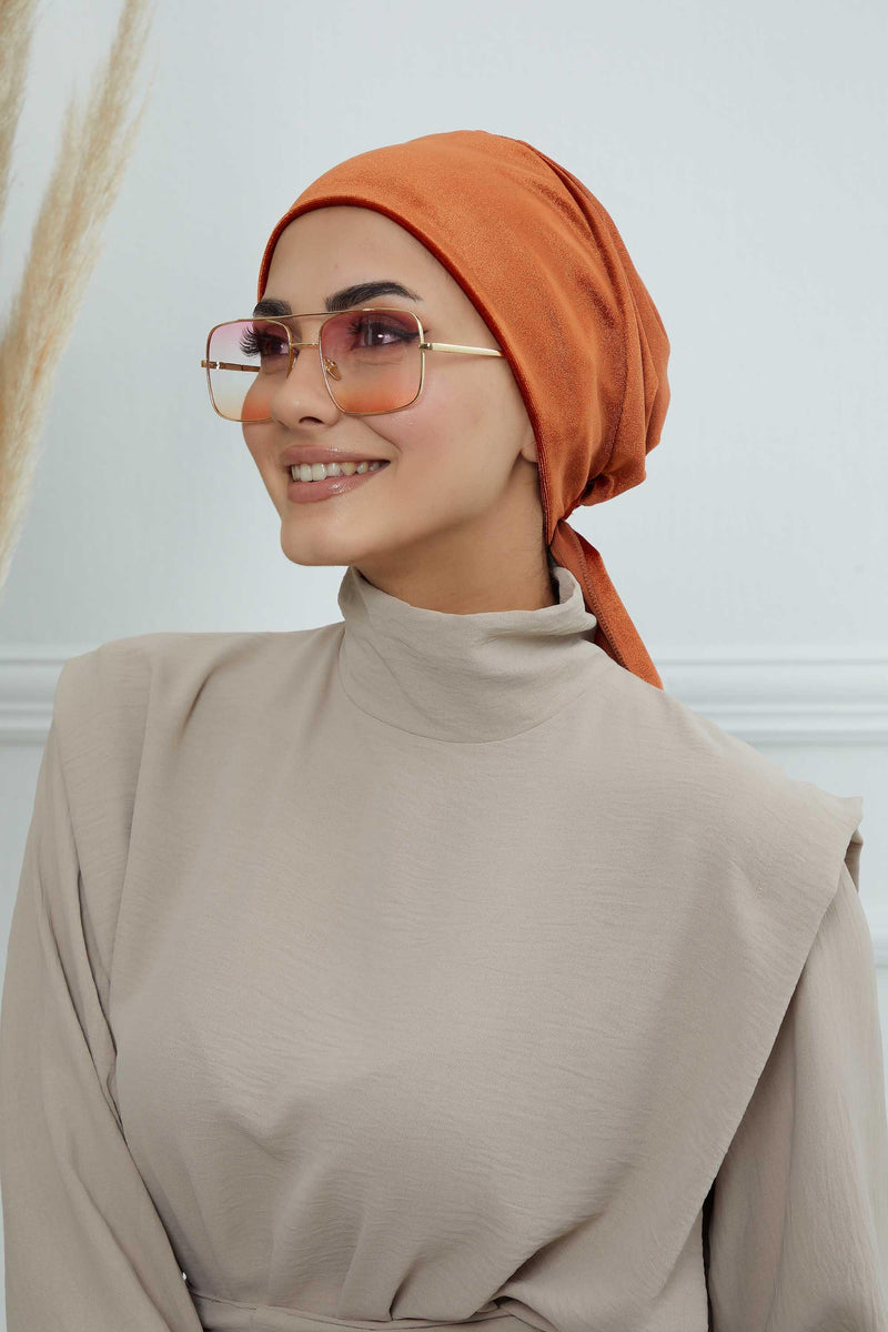 Velvet Easy Wrap Instant Turban for Women, Pre-Tied Turban with Long Tail at the Back Side, Super Soft High Quality Chemo Headwear,B-49K Tile Red