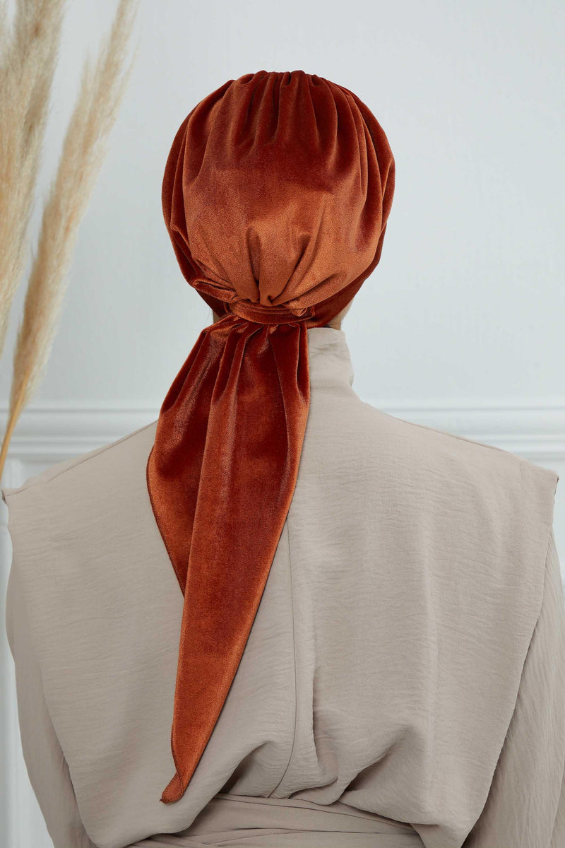 Velvet Easy Wrap Instant Turban for Women, Pre-Tied Turban with Long Tail at the Back Side, Super Soft High Quality Chemo Headwear,B-49K Tile Red